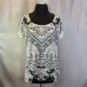 World Unity Tunic Blouse Womens XL White Black Aztec Print Curved High Low Hem